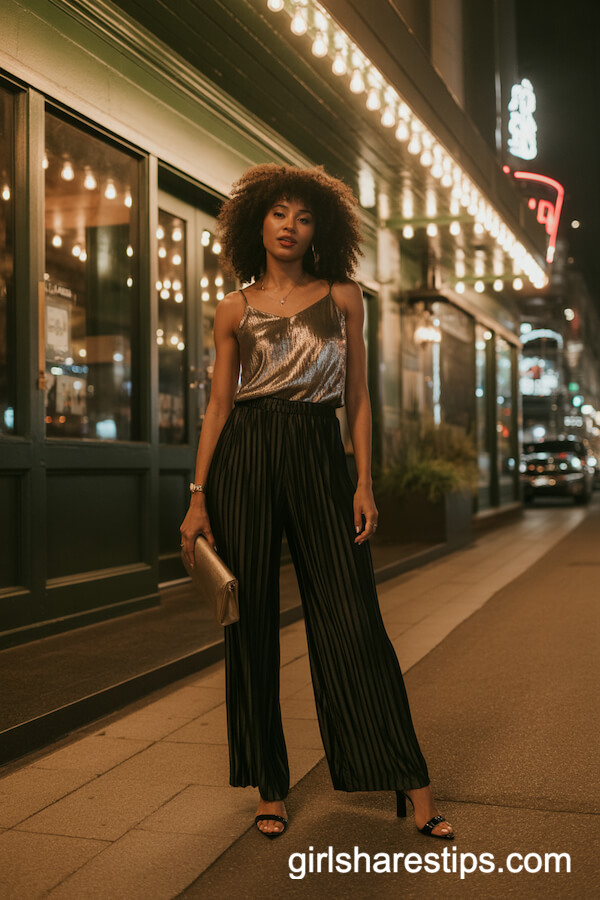 Pleated Black Wide-Leg Pants with Metallic Gold Cami