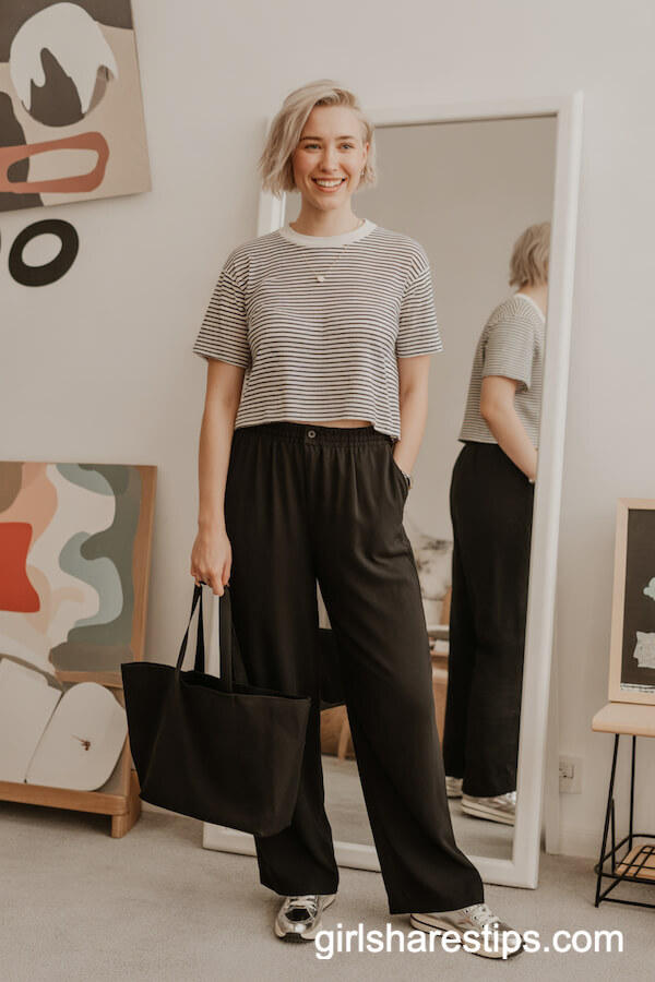 Black Wide-Leg Pants with Black-and-White Striped T-Shirt