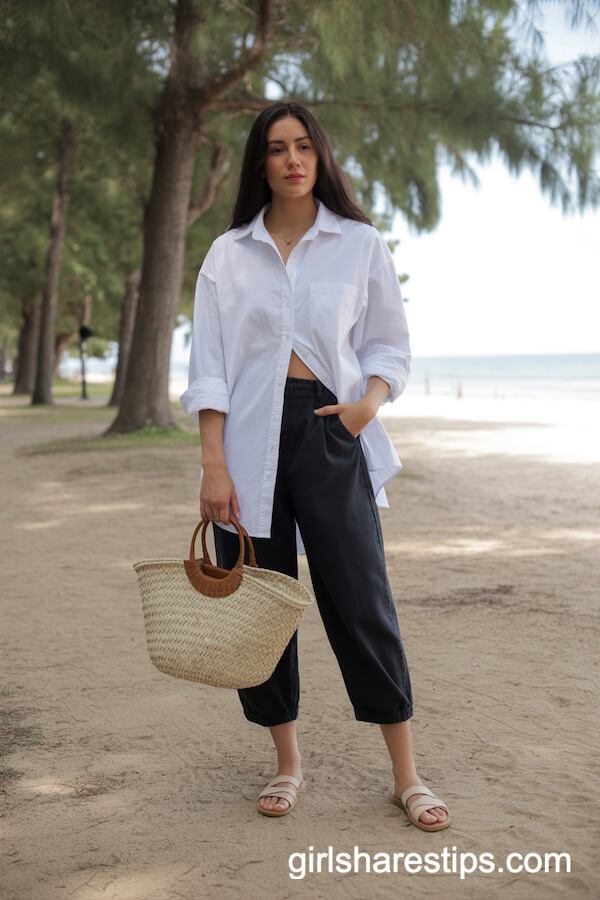 Loose Black Cropped Pants with Oversized White Button-Down