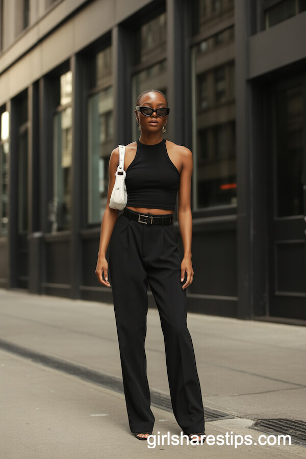 High-Waisted Black Tailored Pants with Sleeveless Halter Top