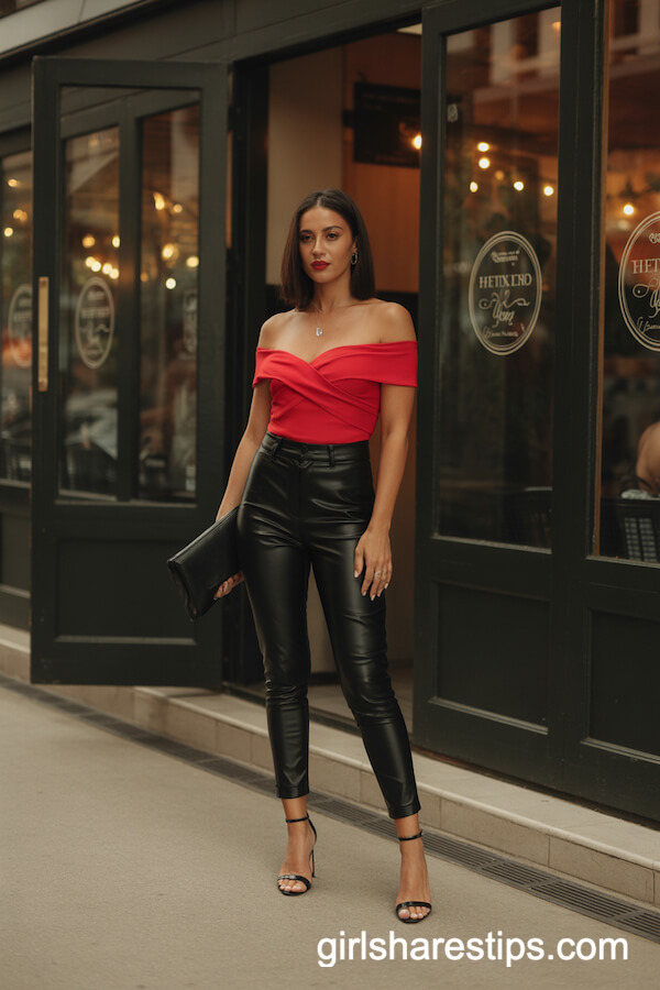 High-Waisted Leather Pants with Vibrant Red Off-Shoulder Top