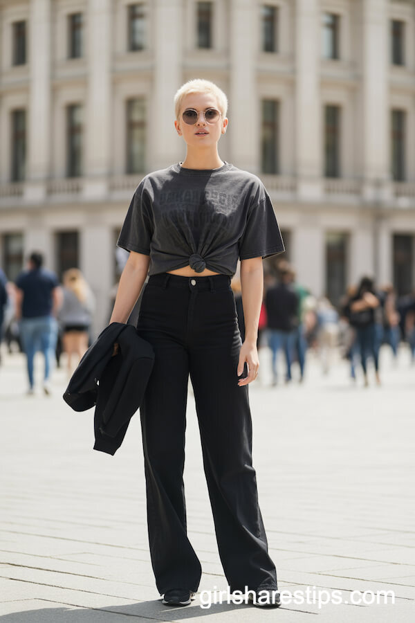 High-Waisted Wide-Leg Pants with Oversized Graphic T-Shirt