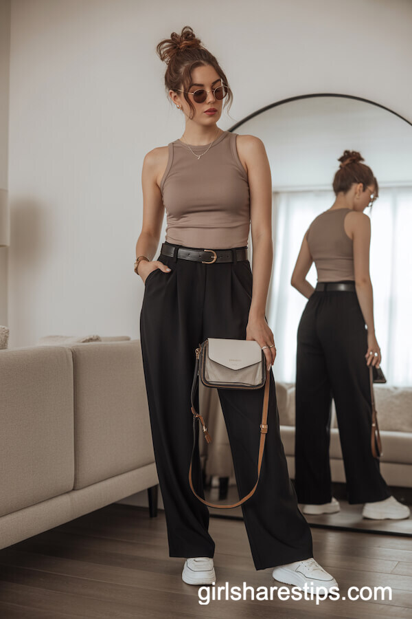 Black Wide-Leg Pants with Taupe Sleeveless Fitted Top