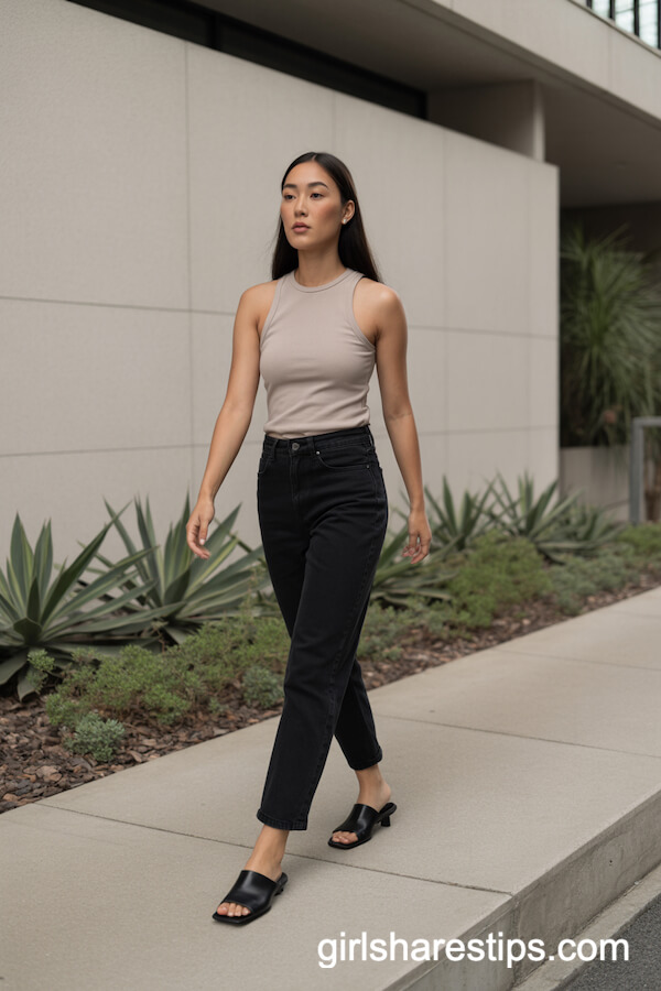 Black Straight-Leg Pants with Fitted Beige Tank Top