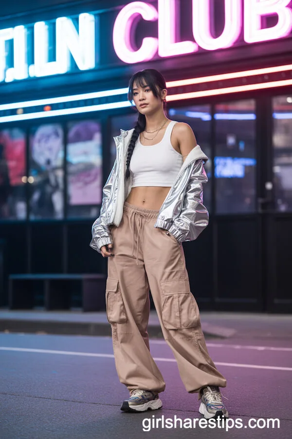 White Metallic Athleisure Crop Top Nude Cargo Pants