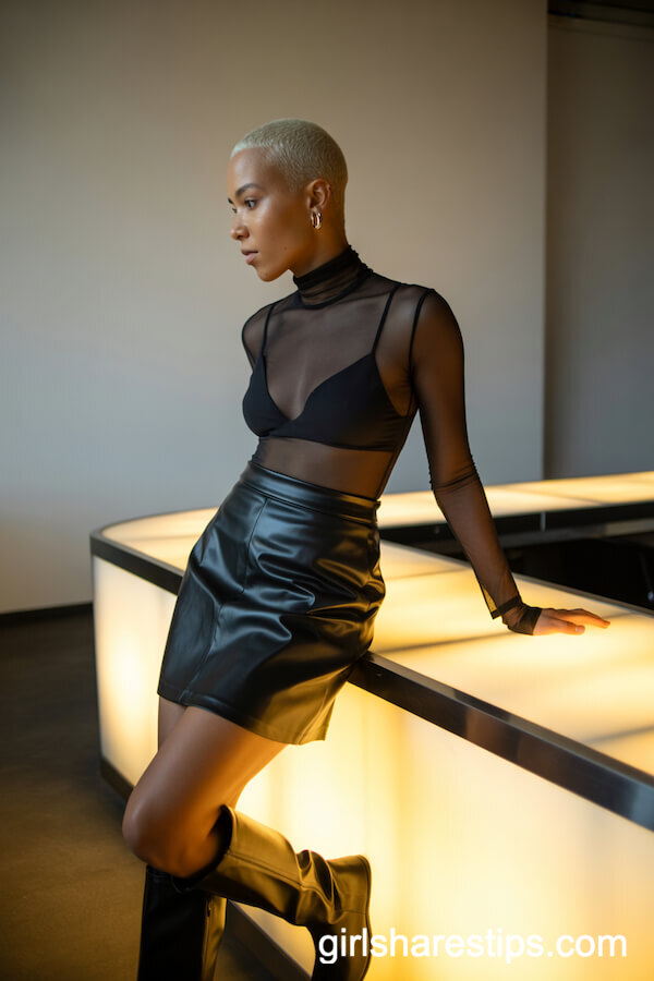 Sheer Mesh Top with Bralette and Faux Leather Mini Skirt