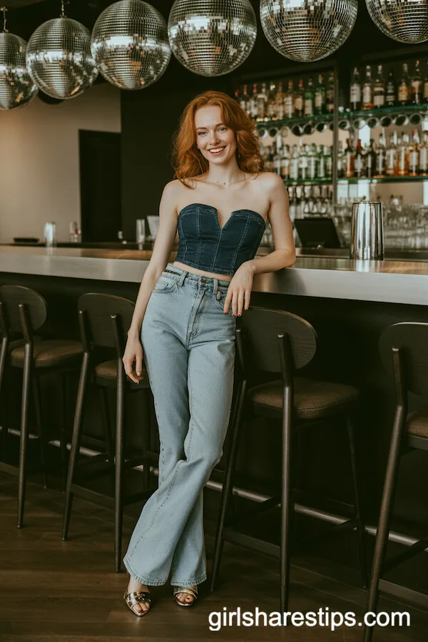 Denim Bustier with Flared Jeans and Heels