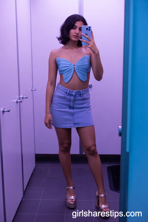 Sparkly Blue Butterfly Crop Top and Low-Rise Denim Mini Skirt