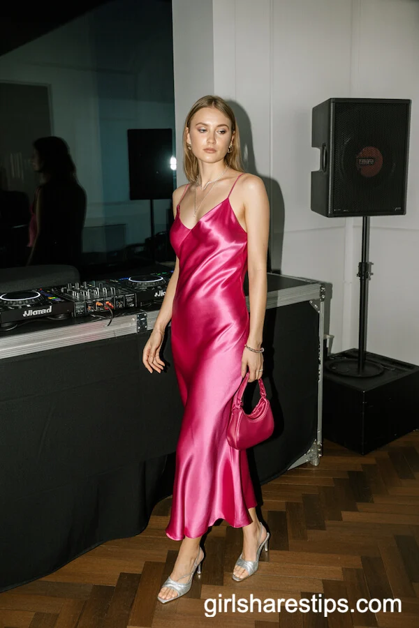 Hot Pink Silk Slip Dress with Silver Heels