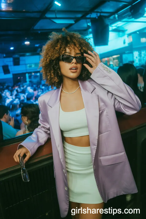 Oversized Pastel Blazer over Mini Skirt and Crop Top