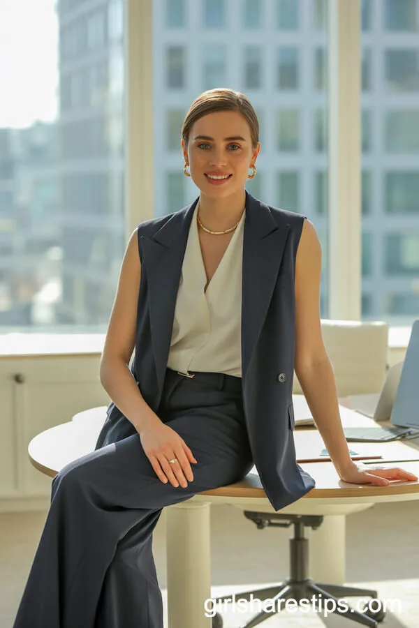 Classic Navy Pantsuit with a White Blouse for a Polished Summer Look