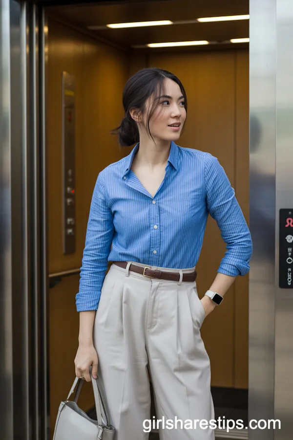 Blue Striped Blouse and Wide-Leg Trousers for Chic Corporate Comfort