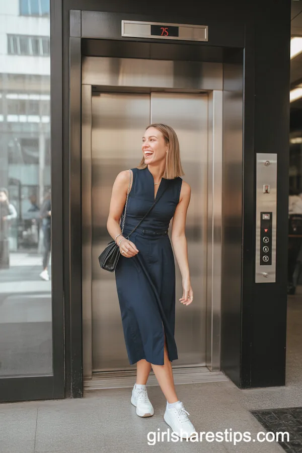 Structured Navy Midi Dress and Sneakers for a Dynamic Office Look