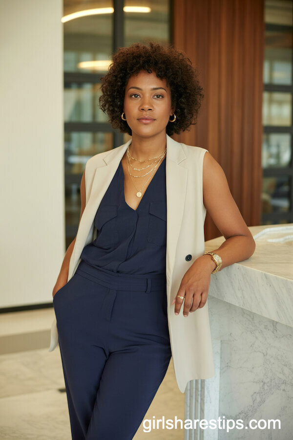 Sleeveless Navy Jumpsuit with Cream Blazer for Confident Summer Style