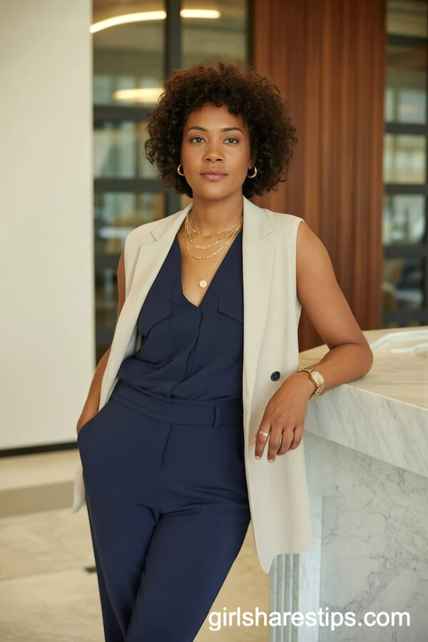 Sleeveless Navy Jumpsuit with Cream Blazer for Confident Summer Style