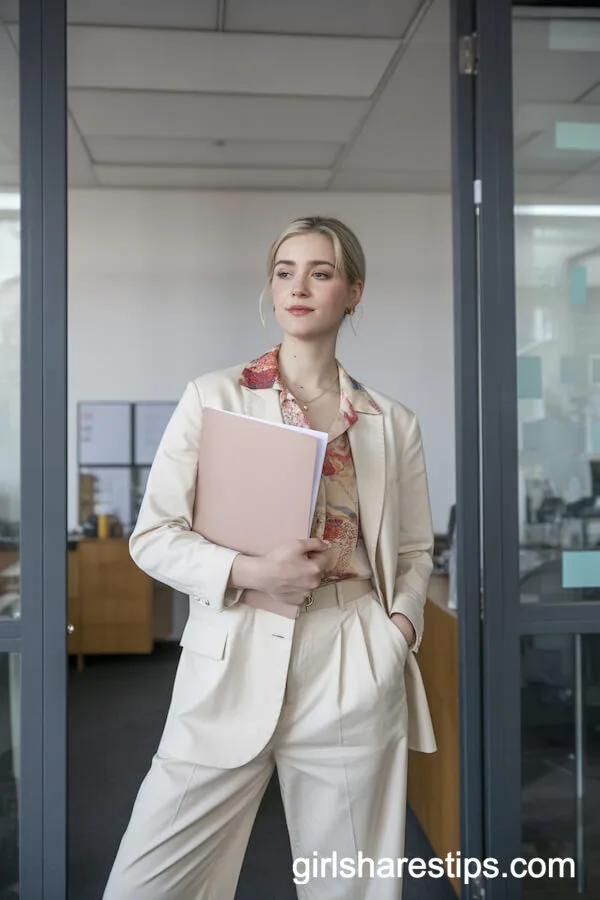 Cream Cropped Suit with Print Blouse for a Relaxed Power Look