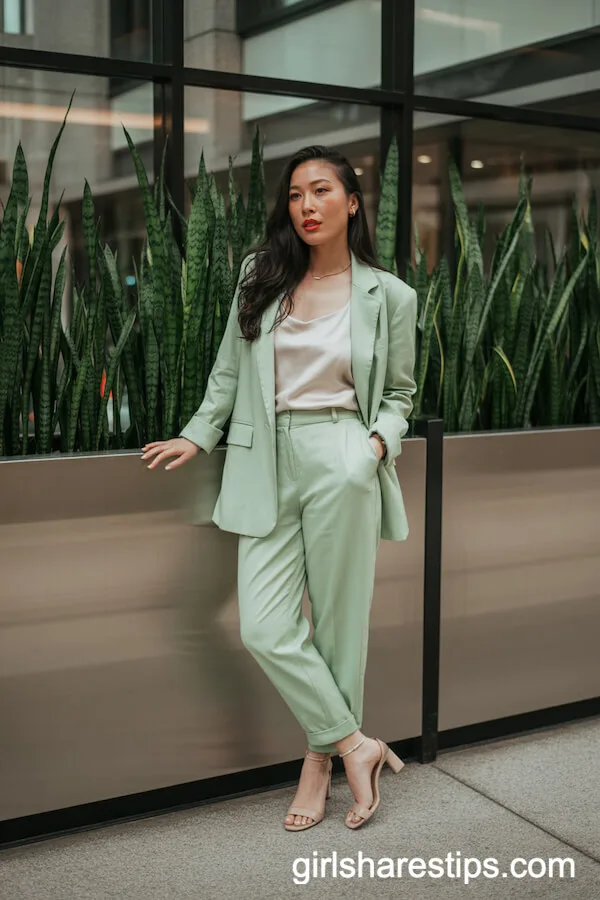 Pastel Green Tailored Pantsuit and Silk Tank for a Fresh Corporate Feel