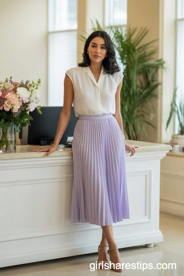White Cap-Sleeve Blouse and Lavender Pleated Skirt