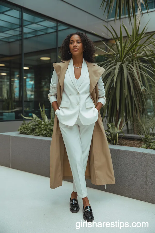 Beige Trench Vest Layered Over a White Summer Suit for Modern Sophistication