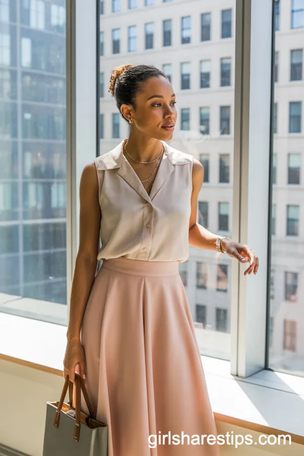Chic Silk Blouse and Pastel Midi Skirt for Breezy City Office Style