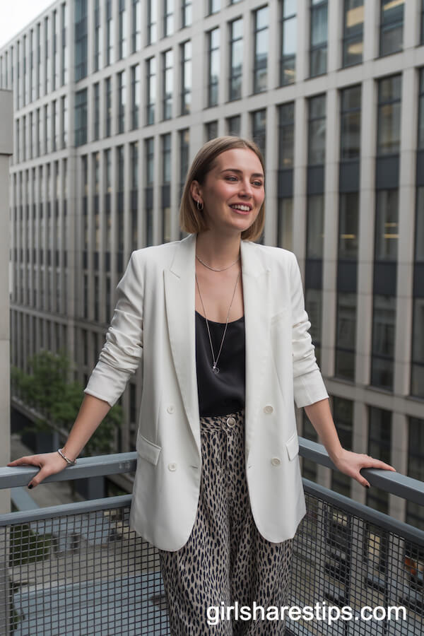 White Blazer with Bold Print Wide-Leg Trousers for Statement Summer Style