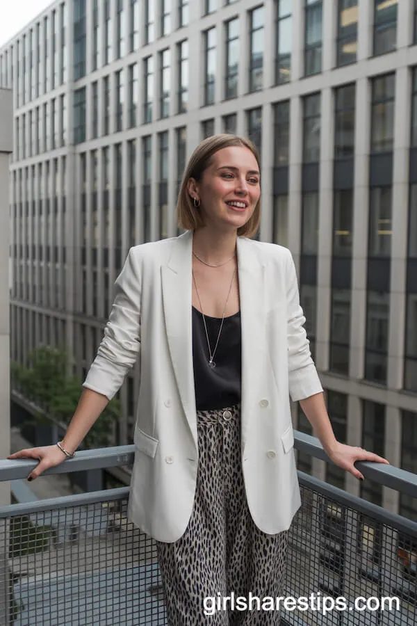 White Blazer with Bold Print Wide-Leg Trousers for Statement Summer Style
