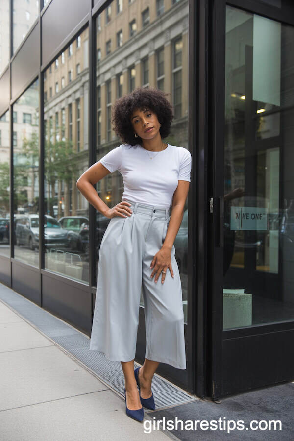 Pale Blue Culottes and Fitted White Top for Effortlessly Elegant Workdays