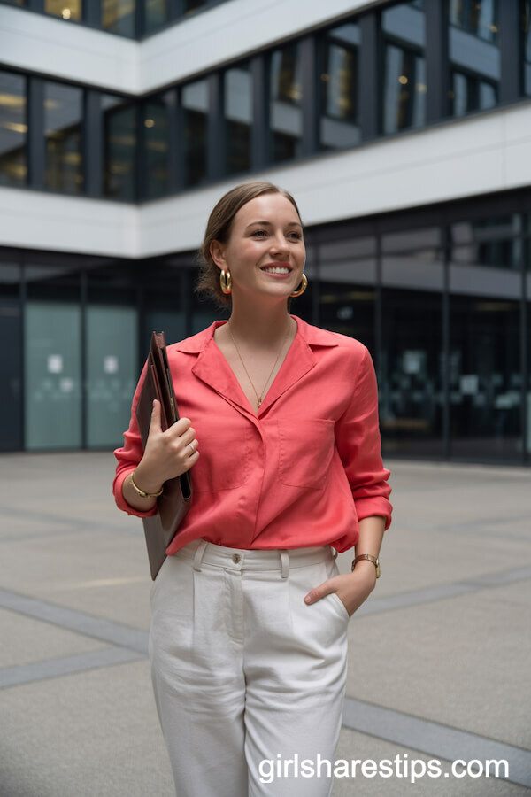 White Linen Trousers with a Coral Blouse for a Vibrant Summer Ensemble