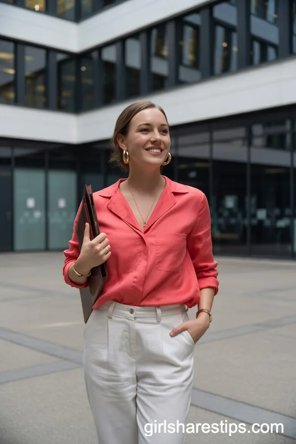 White Linen Trousers with a Coral Blouse for a Vibrant Summer Ensemble