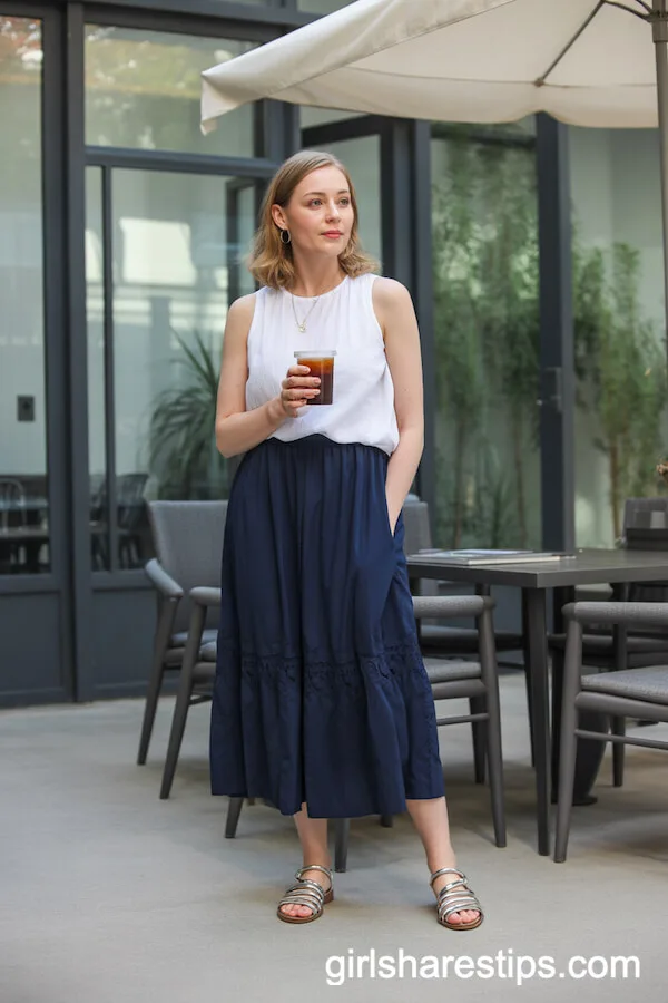 Breezy Navy Maxi Skirt and Sleeveless Shell Top for Outdoor Meetings