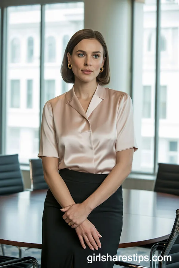 Silky Blush Blouse with Black Pencil Skirt for Timeless Professionalism