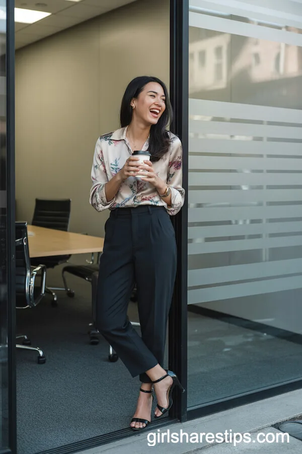 Floral Silk Blouse and High-Waisted Trousers for a Playful Office Outfit