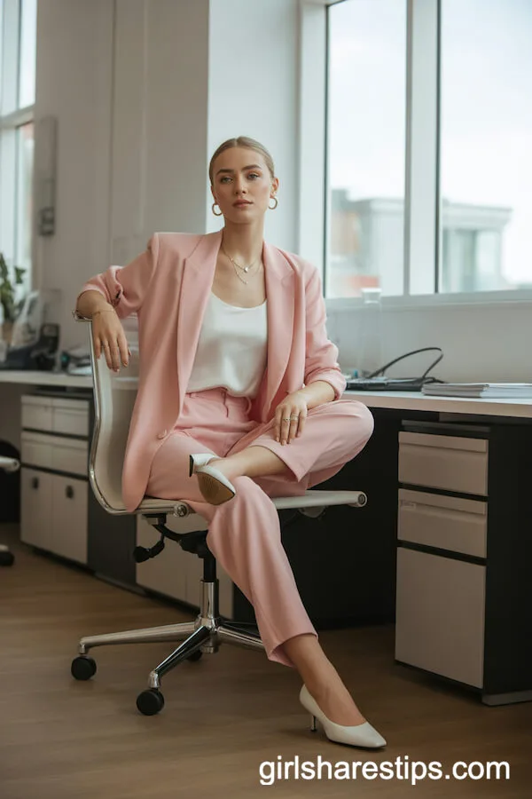 Soft Pink Tailored Suit for a Modern, Fashion-Forward Office Ensemble