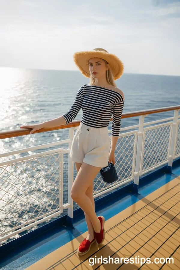 Nautical Striped Top with White Shorts and Red Espadrilles