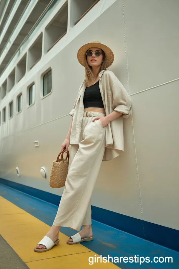 Relaxed Linen Pants and Shirt Set with Crop Top