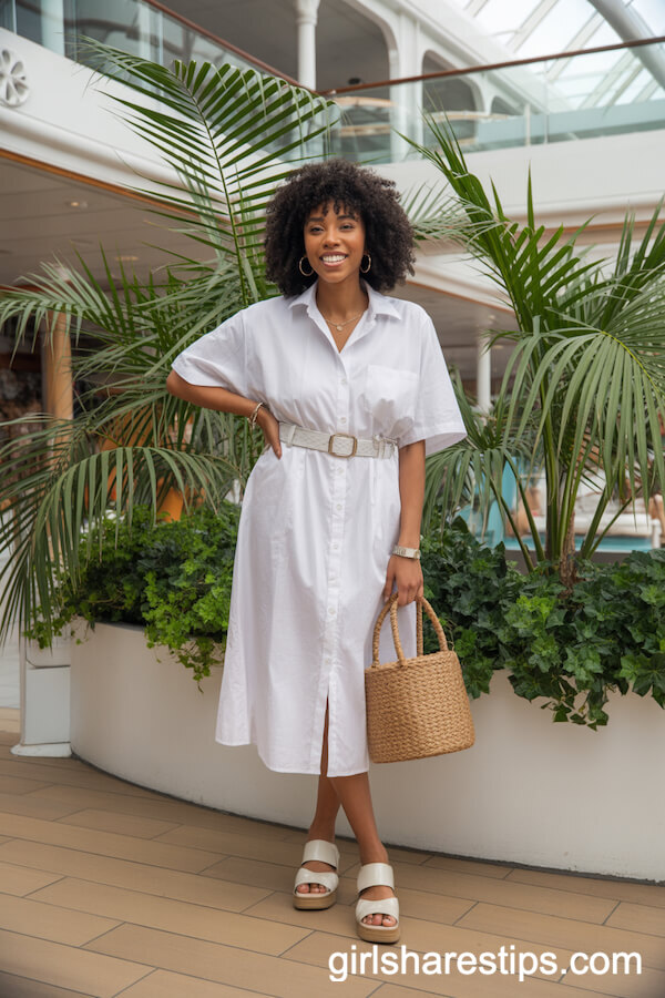 Crisp White Belted Shirt Dress with Platform Sandals
