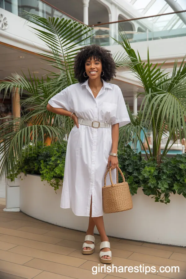 Crisp White Belted Shirt Dress with Platform Sandals