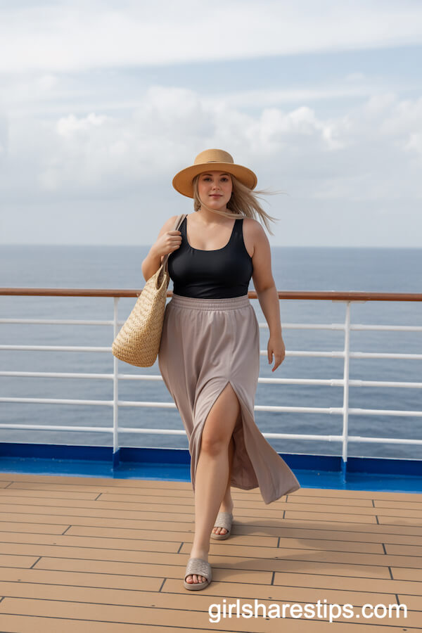 Black Fitted Swimsuit with Taupe Maxi Skirt