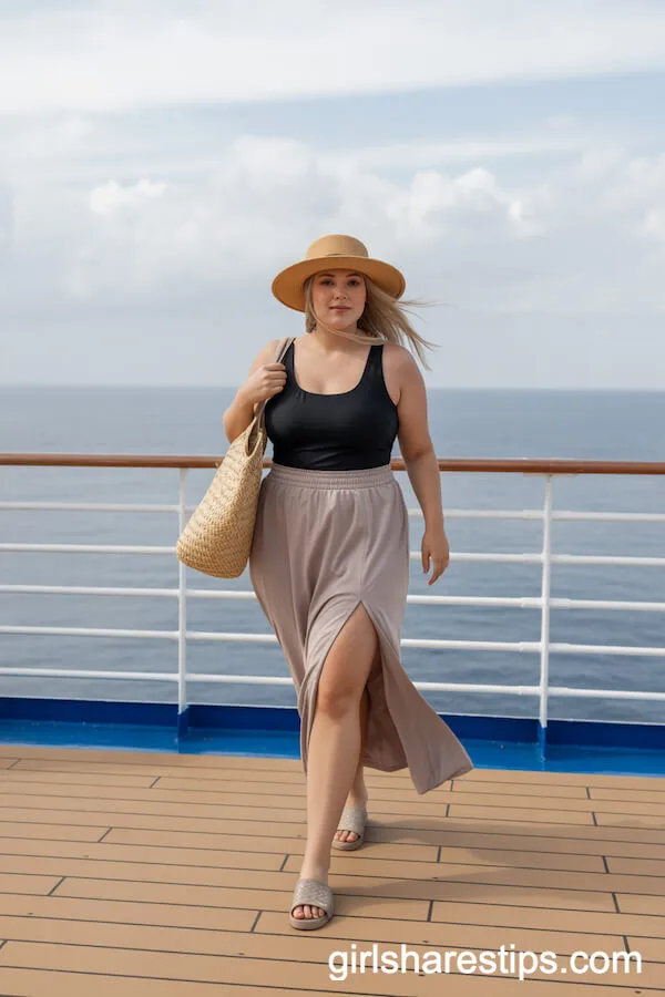 Black Fitted Swimsuit with Taupe Maxi Skirt