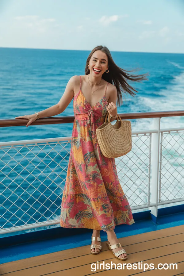 Vibrant Tropical Maxi Dress with Straw Bag