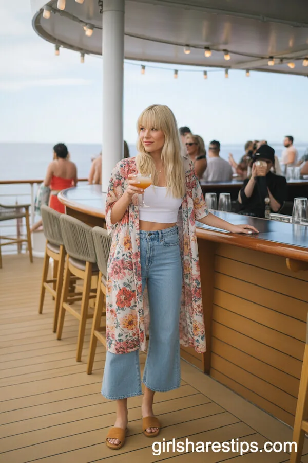 Floral Kimono over Crop Top and Cropped Jeans