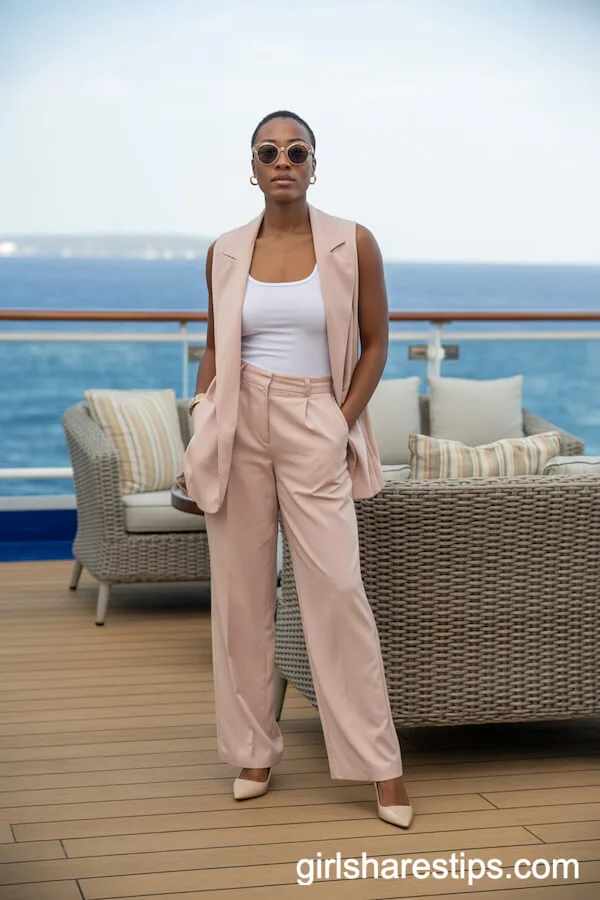 Monochrome Pastel Pantsuit with Oversized Sunglasses