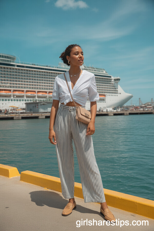 Wide-Leg Striped Trousers with White Blouse and Loafers