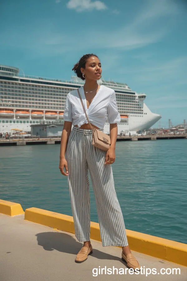 Wide-Leg Striped Trousers with White Blouse and Loafers