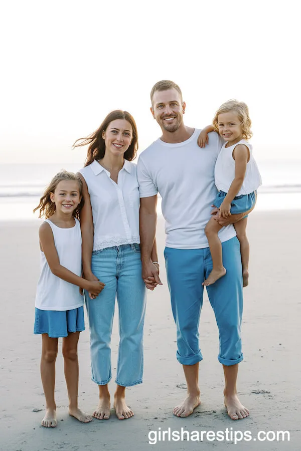 Classic White Tops and Denim Bottoms for a Family Beach Photo