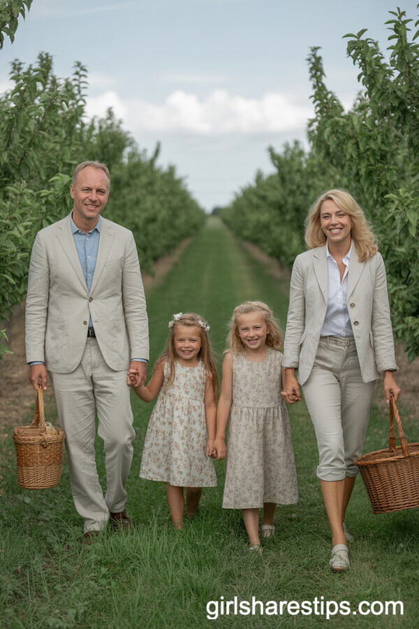 Pale Linen Suits and Floral Dresses for Orchard Photos