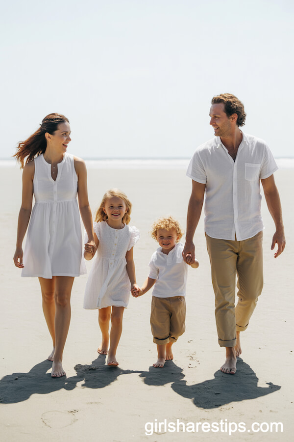 White and Khaki Outfits for a Bright, Candid Beachwalk