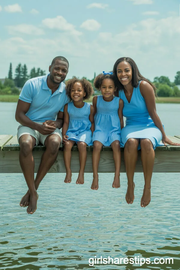 Matching Blue Ensembles for a Lakeside Dock Portrait
