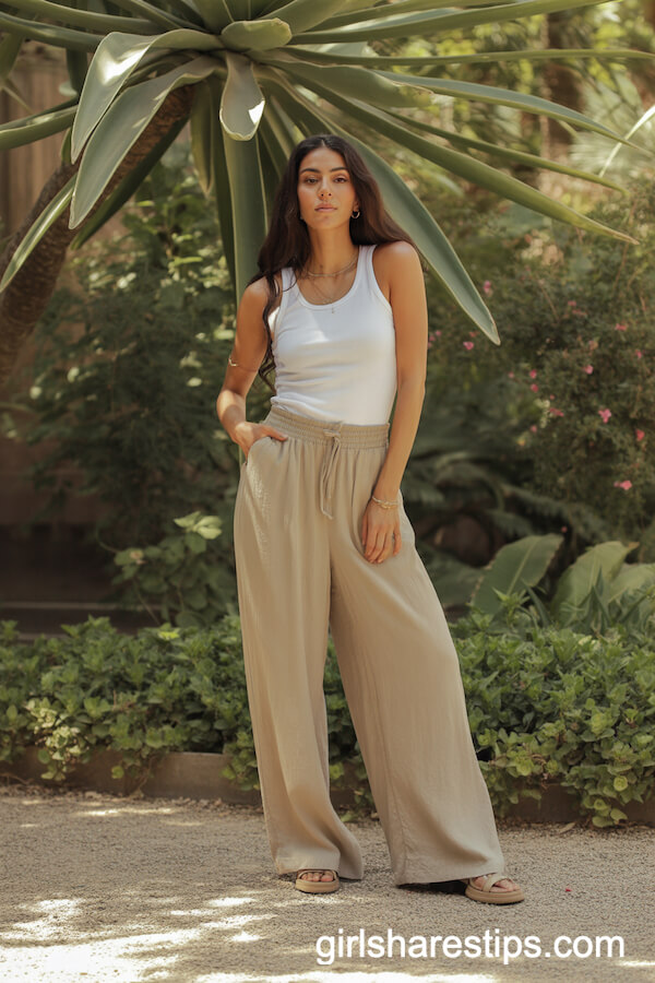 Beige Linen Wide-Leg Pants with Fitted White Tank Top