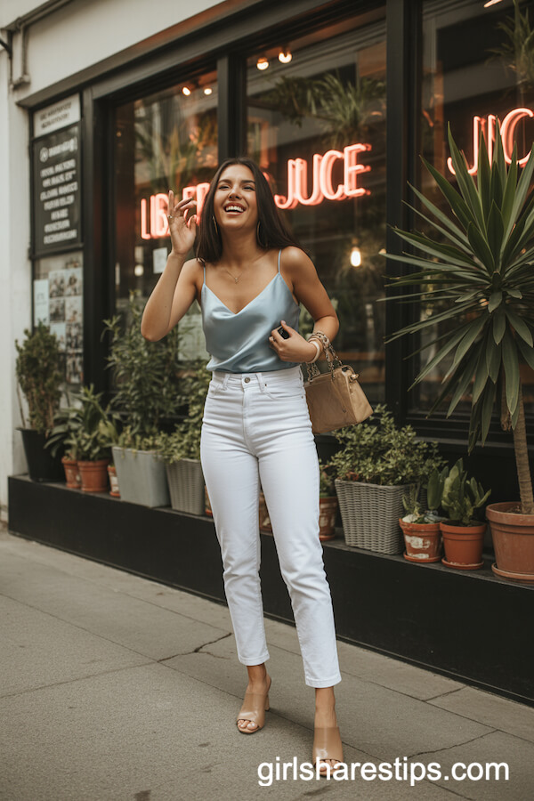 Pastel Blue Satin Cami with High-Waisted White Jeans